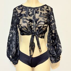 Sheer Black Lace Tie-Front Top